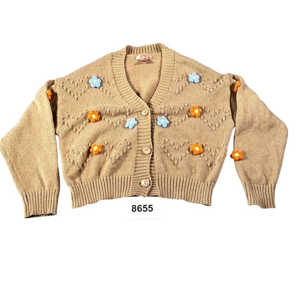 Coco & Shay Cardigan Sweater Womens Large Tan Knit Crochet Flower Button‎ Front